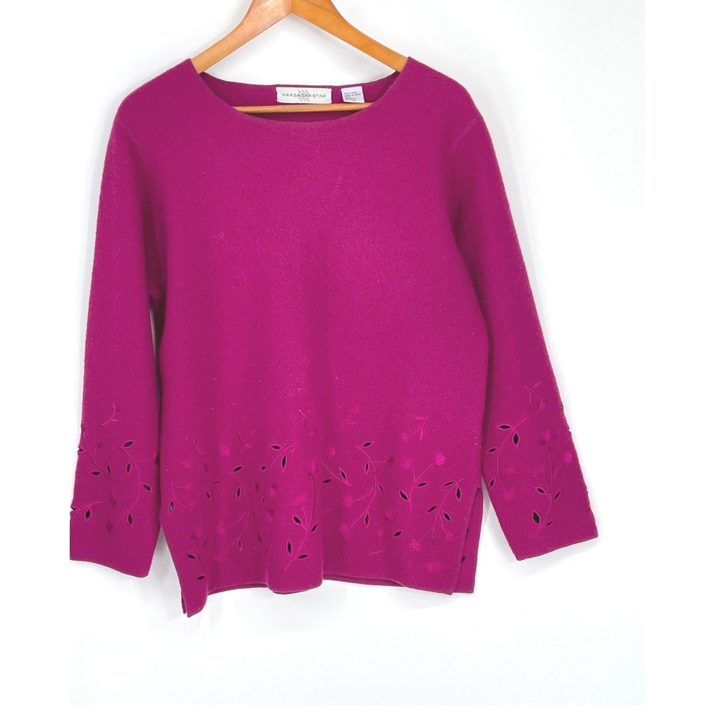 Marisa Christina Women Sweater M Knit Magenta Wool Cutout Floral Pink